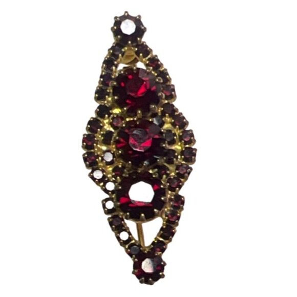 Vtg 10K Gold 6.56g Garnet Glass Brooch '40s Bar Pin Red Rhinestone Unmarked MCM - Picture 2 of 16